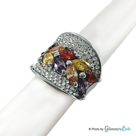 Wide Multi Color Crystals Silver Tone Concave Statement Ring - Picture 1 of 13